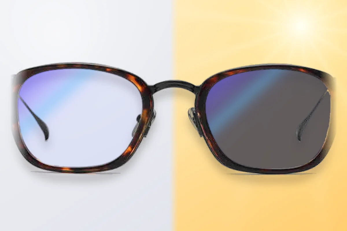 Tortoise frame with photochromic blue cut lenses: clear lens indoors on the left, darkened lens in the sun on the right