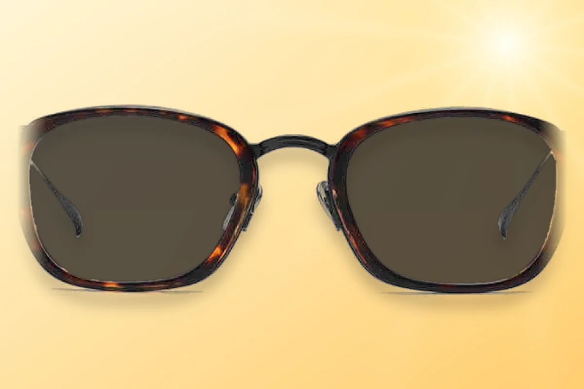 Tortoise frame with photochromic lenses darkened in bright sunlight