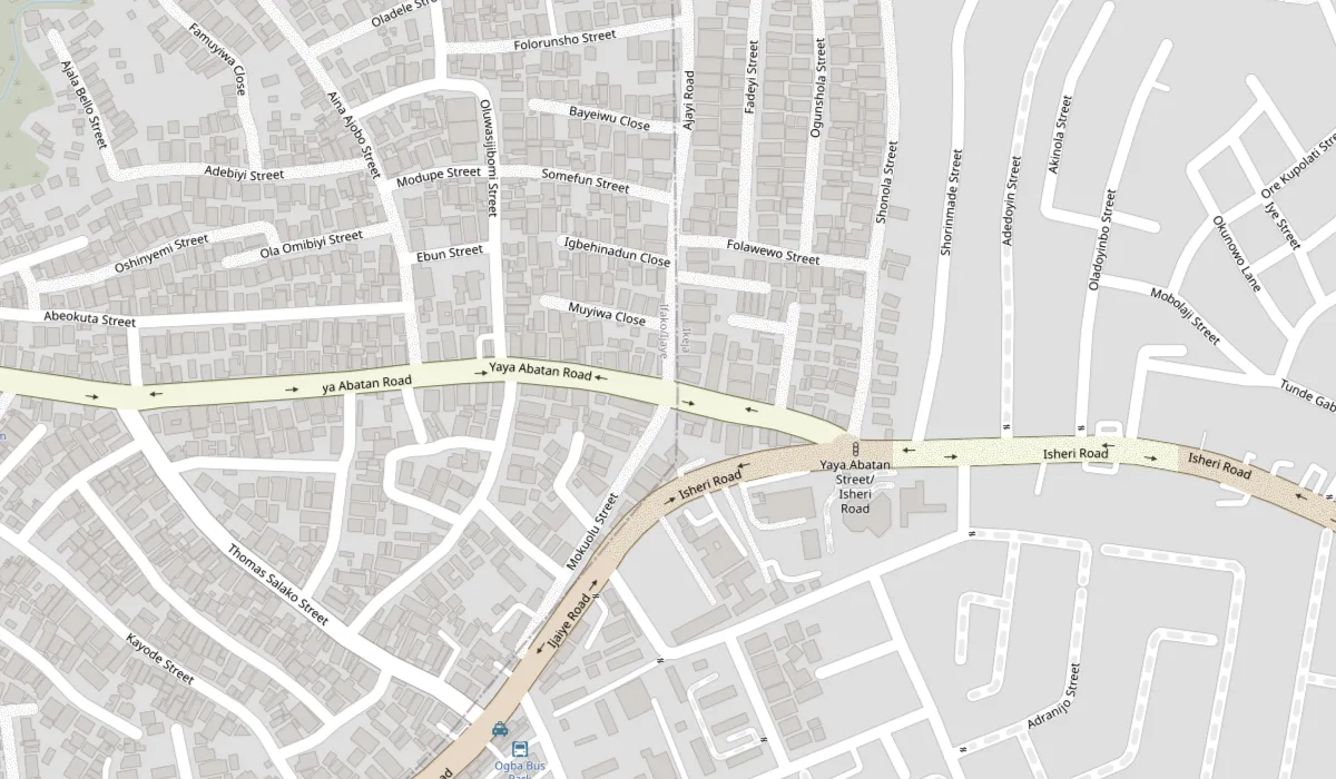 Street map of Ogba, Lagos. The pin marks Ajayi Junction on Yaya Abatan Road; Goldrim Plaza is directly opposite.