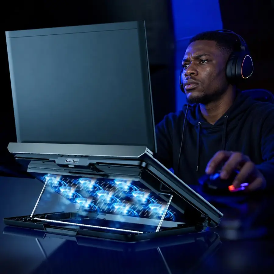 A man working on a laptop raised on a Lens & Co laptop stand with 9 blue cooling fans